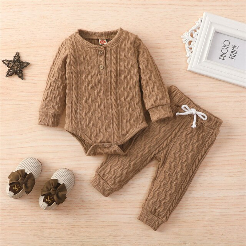 Solid Color Newborn Baby Knitted Warm 2Pcs Suit Toddler Girl Boy Long Sleeve Romper Tops Pants Fall Winter Homewear 2021